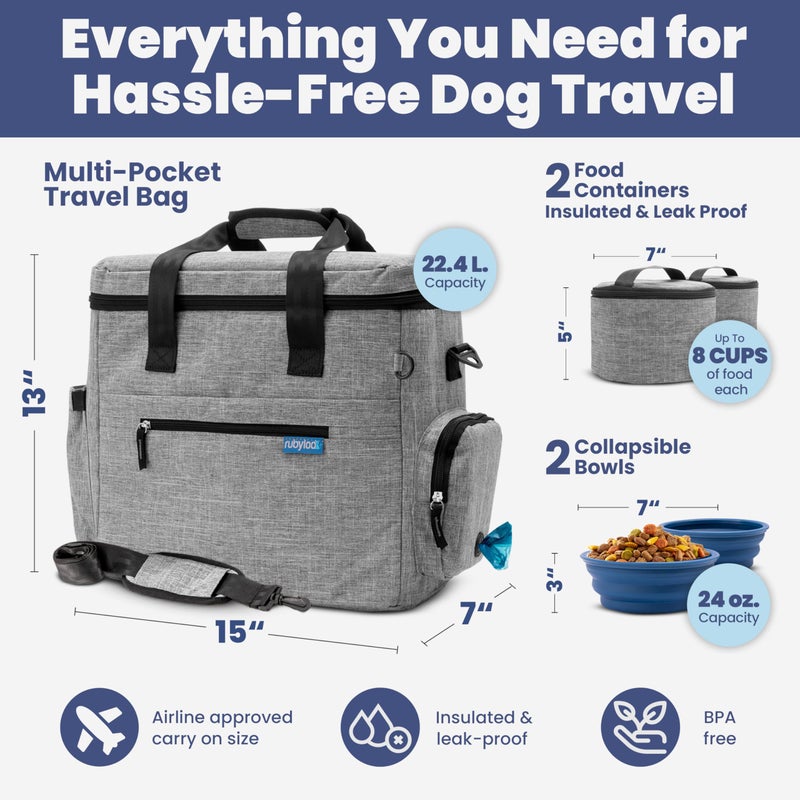 rubyloo The Original Doggy Bagâ„¢- Dog Travel Bag for Supplies - Ultimate Gift for Dog Moms & Dads, Doggy Lovers & Pet Owners for Christmas- Includes 2 BPA-Free Travel Bowls and 2 Food Containers: Grey - Image 3